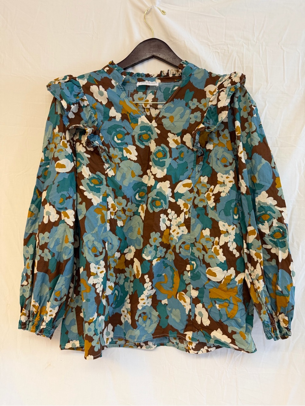 First Love Floral Ruffle Blouse - Teal & Brown